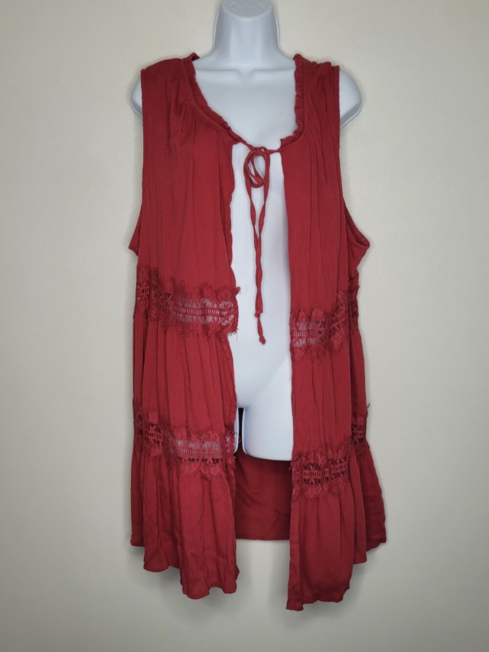 Tru Self red plus size boho long length tie front vest layering size 3x